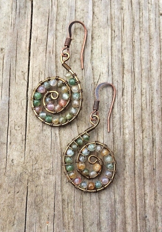 Wire Wrapped Ocean Jasper Spiral Earrings