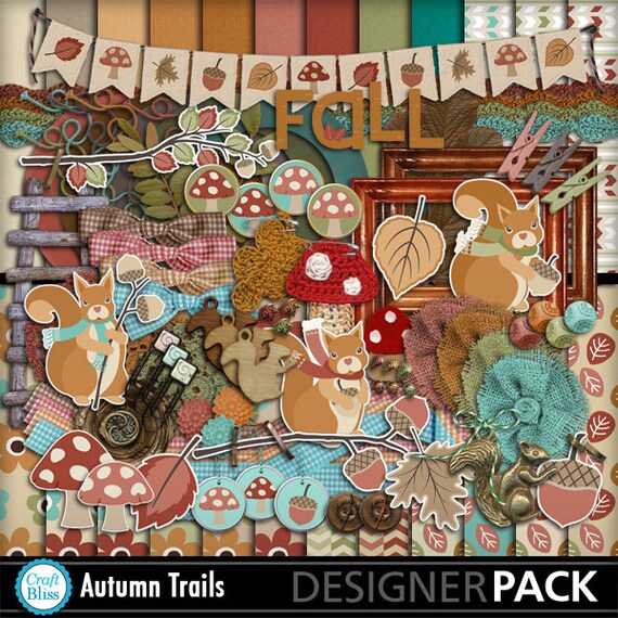 Sale! Autumn Trails Digital Scrapbook Kit Textured Digital Papers Fall Digital Scrapbook Kit Squirrel Clip Art School Clip Art Digital Kit Il_570xn