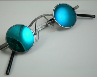 round sunglasses Steampunk sunglasses silver metal blue mirror lens Goth retro Victorian vampire Dracula unisex cosplay rock Sherlock Holmes