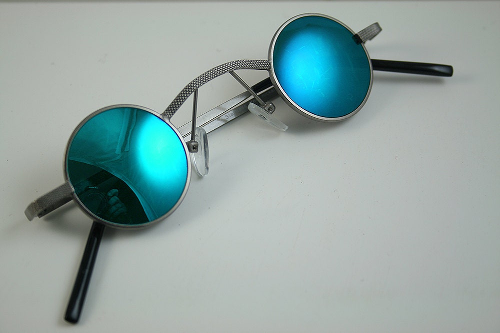 Round Sunglasses Steampunk Sunglasses Silver Metal Blue Mirror Lens Goth Retro Victorian Vampire 