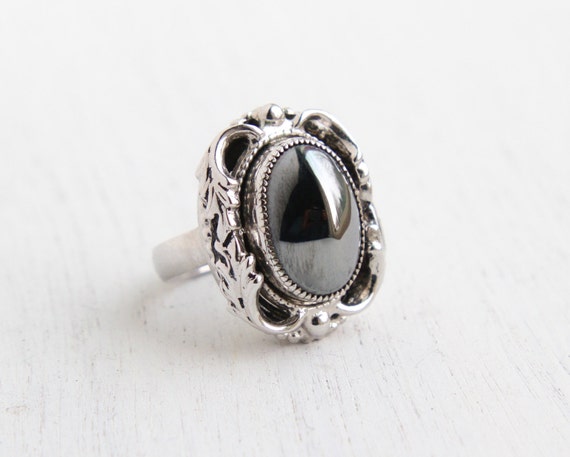 Vintage Hematite Gray Stone Ring Retro Signed by MaejeanVintage