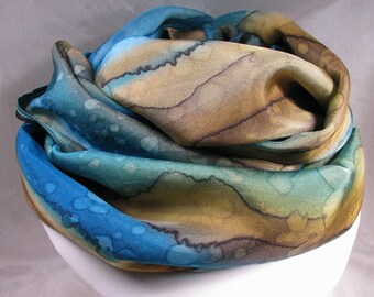 Scarf, Hand Painted Silk Scarf - Quintessence Silk, Sea blue, brown - Beachcomber