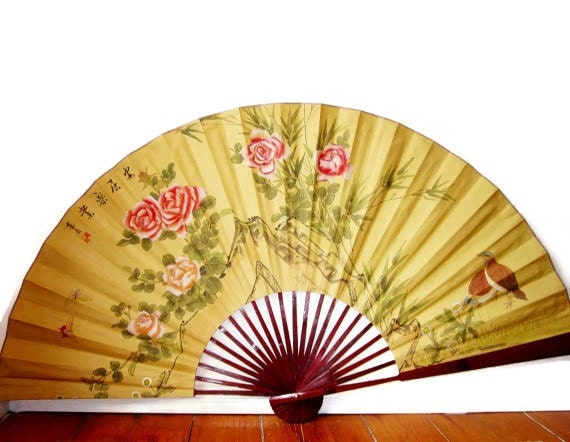 Huge Asian Silk Wall Fan Vintage Decorative Wall Hanging on