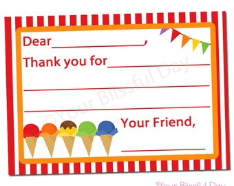PRINTABLE Ice Cream Party Fill-in-the-Blank Thank You Cards #575
