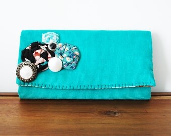 Teal Corduroy Trifold Fabric Wallet with Rosettes, Buttons and Cowboy Interior