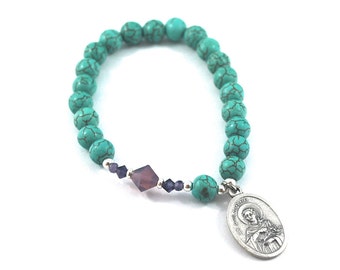 SAINT Philomena turquoise bracelet St Philomena gemstone + crystal bracelet Prayer Catholic saint jewelry Rosary patron saint of fertility