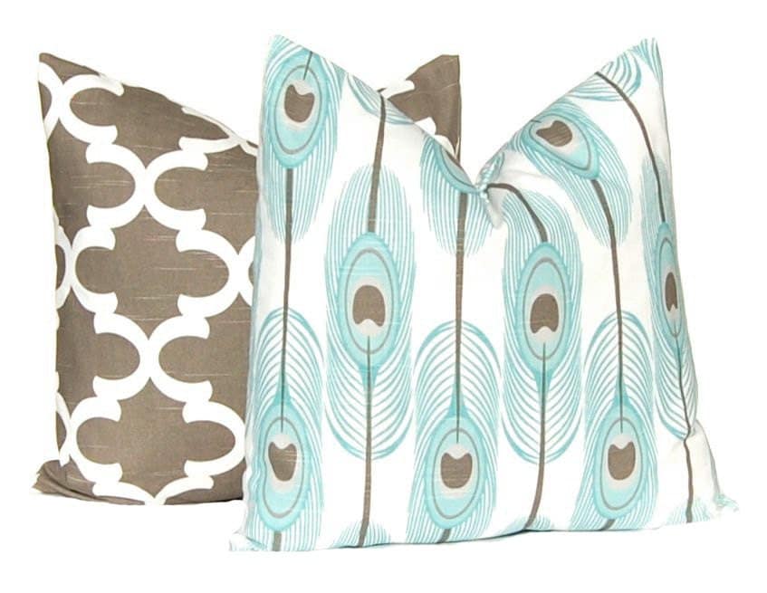 Decorative Pillow Covers Brown and Aqua Feathers and