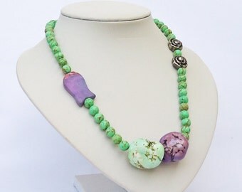 Turquoise Statement Necklace, Apple Green and Purple Turquoise Necklace, Chunky Necklace, UK Seller
