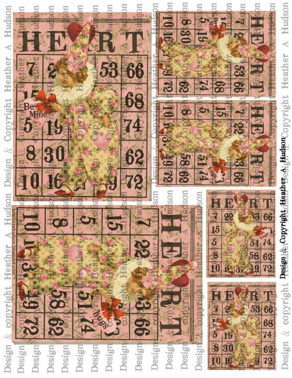 Victorian Vintage Shabby Roses Pink Valentine's  Clown Bingo Card Focals ATC Digital Collage sheet Printable