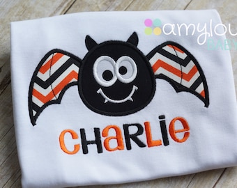 Personalized Bat Toddler Tee Shirt - Black, Orange, White Chevron - Boy - Halloween