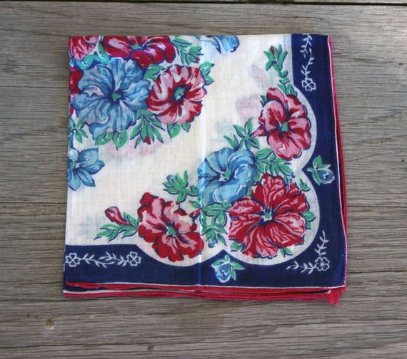 Vintage Floral Handkerchief Hankie Navy Blue Red 1940s