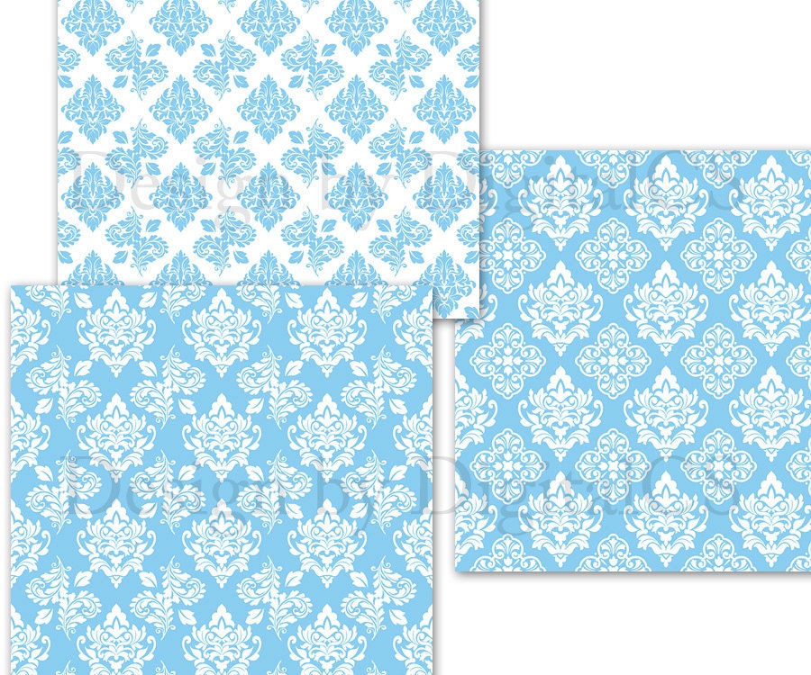 Baby blue digital paper Blue damask digital paper scrapbook paper