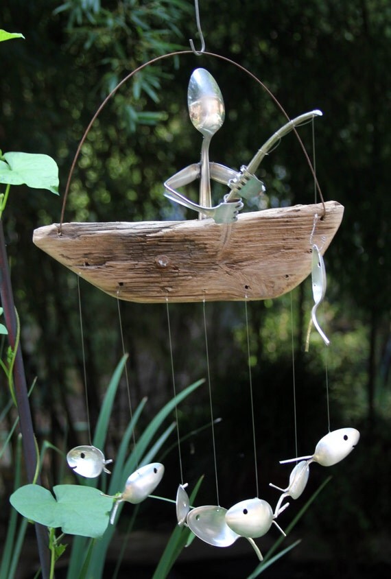 Fisherman And Spoon Fish Wind Chime Rustic Garden by NevaStarr