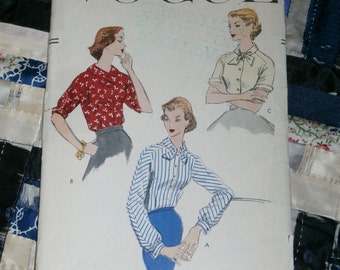 Vintage 1956 Vogue Pattern 8992 for Misses Blouse, Size 12, Bust 32"