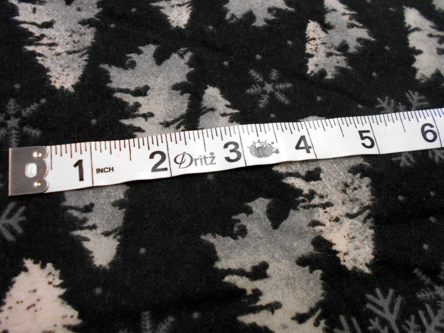 Black Flannel Fabric 5/8 yard Remnant Snowflakes and Snowy