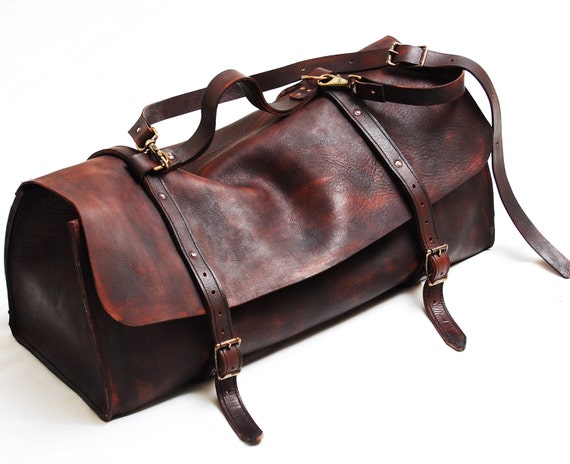 Items similar to Leather duffel travel bag or portmanteau leather bag in 25&quot; - Handmade in the U ...