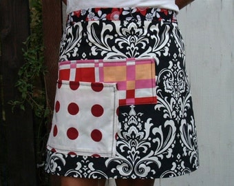 Plus Size half apron, black and white, red polka dots and paisley, cotton fabric