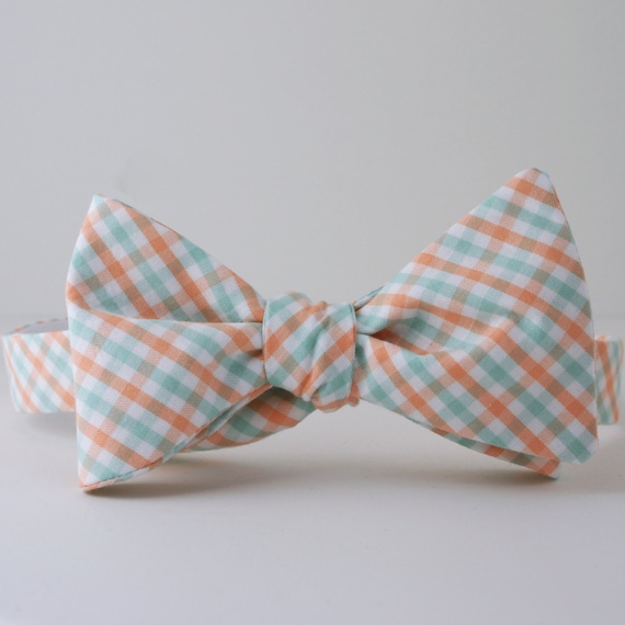 Mint and Peach Checked Bow Tie