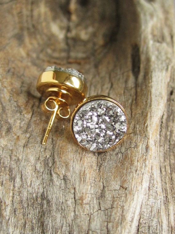 Large Silver Druzy Studs in Yellow Gold