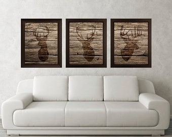 Antler Stag Deer Print Set Of 3 Wood Texture Antler Stag Deer Print Set Of 3 Wood Texture