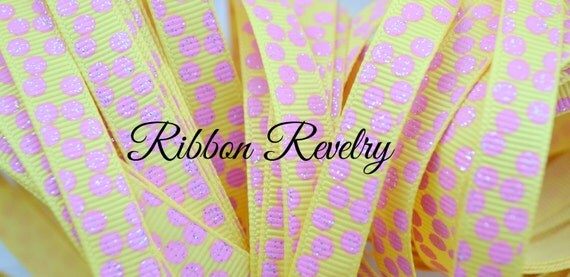 Pink glitter silly dots printed on yellow 3/8" OR 7/8" grosgrain ribbon-High Quality Il_570xn