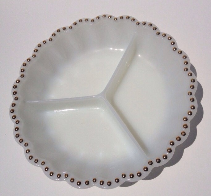 Vintage Milk Glass Relish Dish Divided w/ Gold Beaded Rim