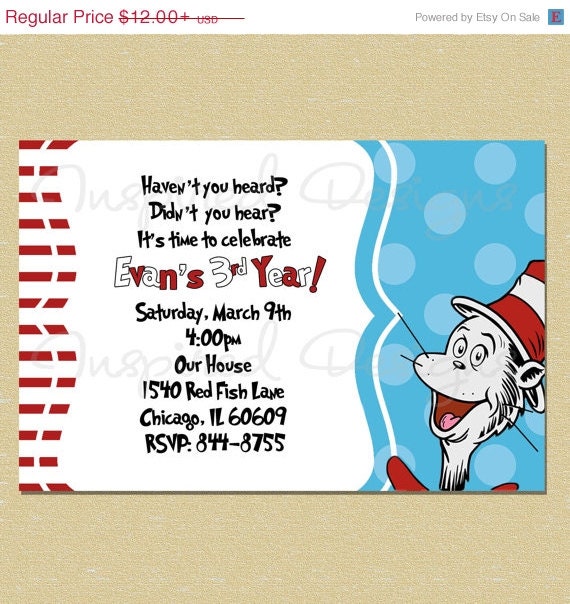 10% OFF SALE Dr. Suess Cat in the Hat- Birthday Invitation - Any Age Il_570xn