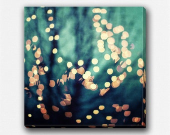 Canvas Art: Abstract Art, Teal Aqua Gold, Surreal Holiday Lights Bokeh, Pretty, Sparkle, Feminine, Girly, Square, Dark, Modern Art Canvas.