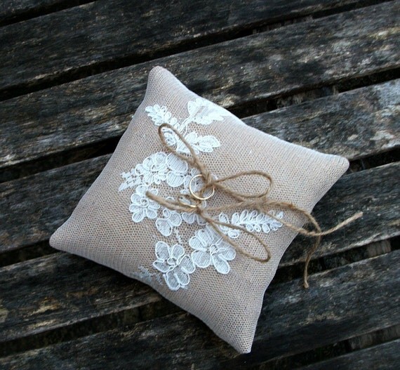 Ring Bearer Pillow wedding cushion Natural Burlap/ Hessian and