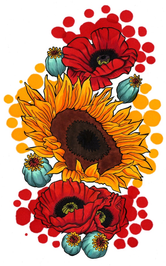 stampa di papavero semi di girasole illustrazione colorata di stampa di papavero semi di girasole illustrazione colorata di