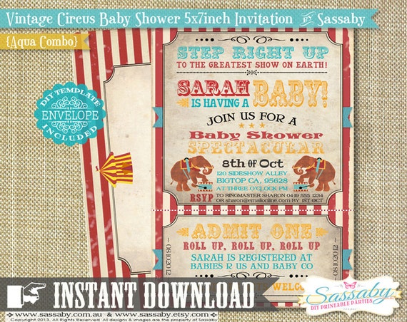 DIY Vintage Circus Baby Shower Invitation - INSTANT DOWNLOAD - Aqua Combo Editable & Printable File by Sassaby Il_570xn