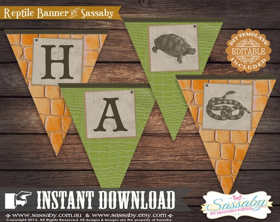 Reptile Party Banner - INSTANT DOWNLOAD - Editable & Printable Birthday Party Decoration by Sassaby Il_570xn