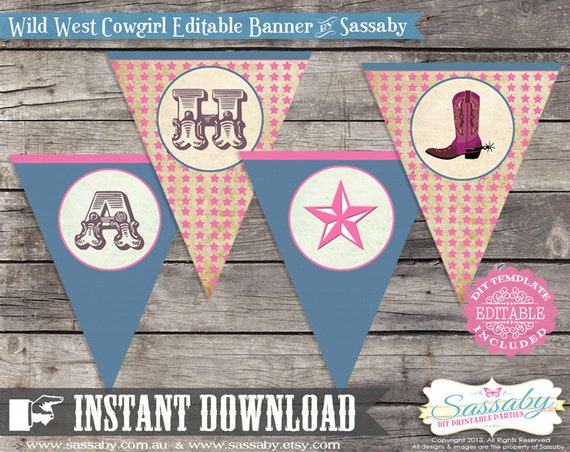 Cowgirl Party Banner - INSTANT DOWNLOAD - Editable & Printable Birthday Party Decoration by Sassaby Il_570xn