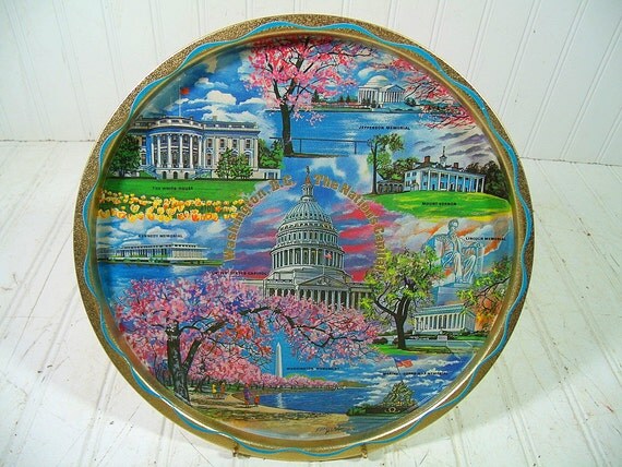 Vintage Washington DC Tourist Souvenir Metal Tray Painted By