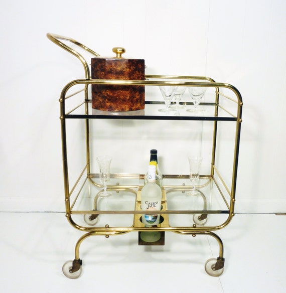 mid century brass metal bar cart glass shelves mobile