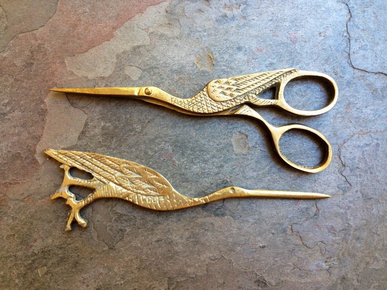 Vintage Brass Bird Shaped Scissors And Letter Opener Set In