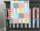 Items similar to Crib Bedding, Grey, Aqua, Coral and ...