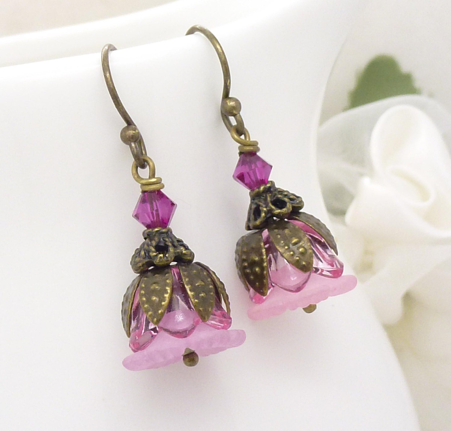 Rose Pink Earrings Lucite Flower Jewelry Dangle Earrings