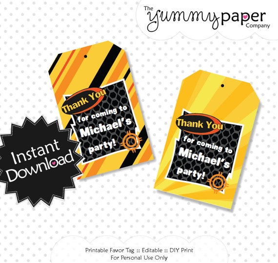 Editable Blaster War Party Favor Tags - Instant Download PDF Template - Editable PDF, You Edit at Home with Adobe Reader .. nw01 Il_570xn
