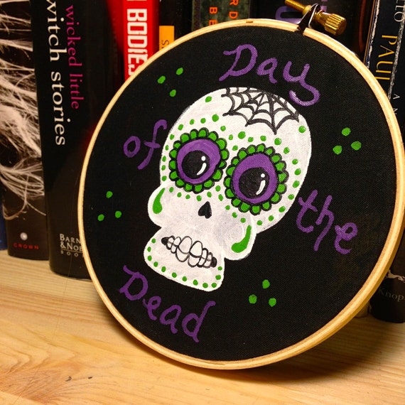 Day of the Dead Sugar Skull Hoop Art in Purple and Green