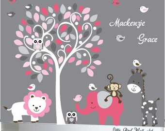 white, pink and grey childrens tree wall decal jungle decal design - 115