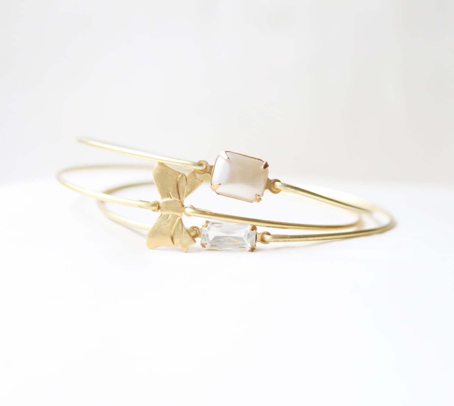 Brass Bow and Pearl Bangle Set, Bow Bracelet,  Ribbon Bangle, Charm Bracelet, Stackable Bangle, Bow Bracelet