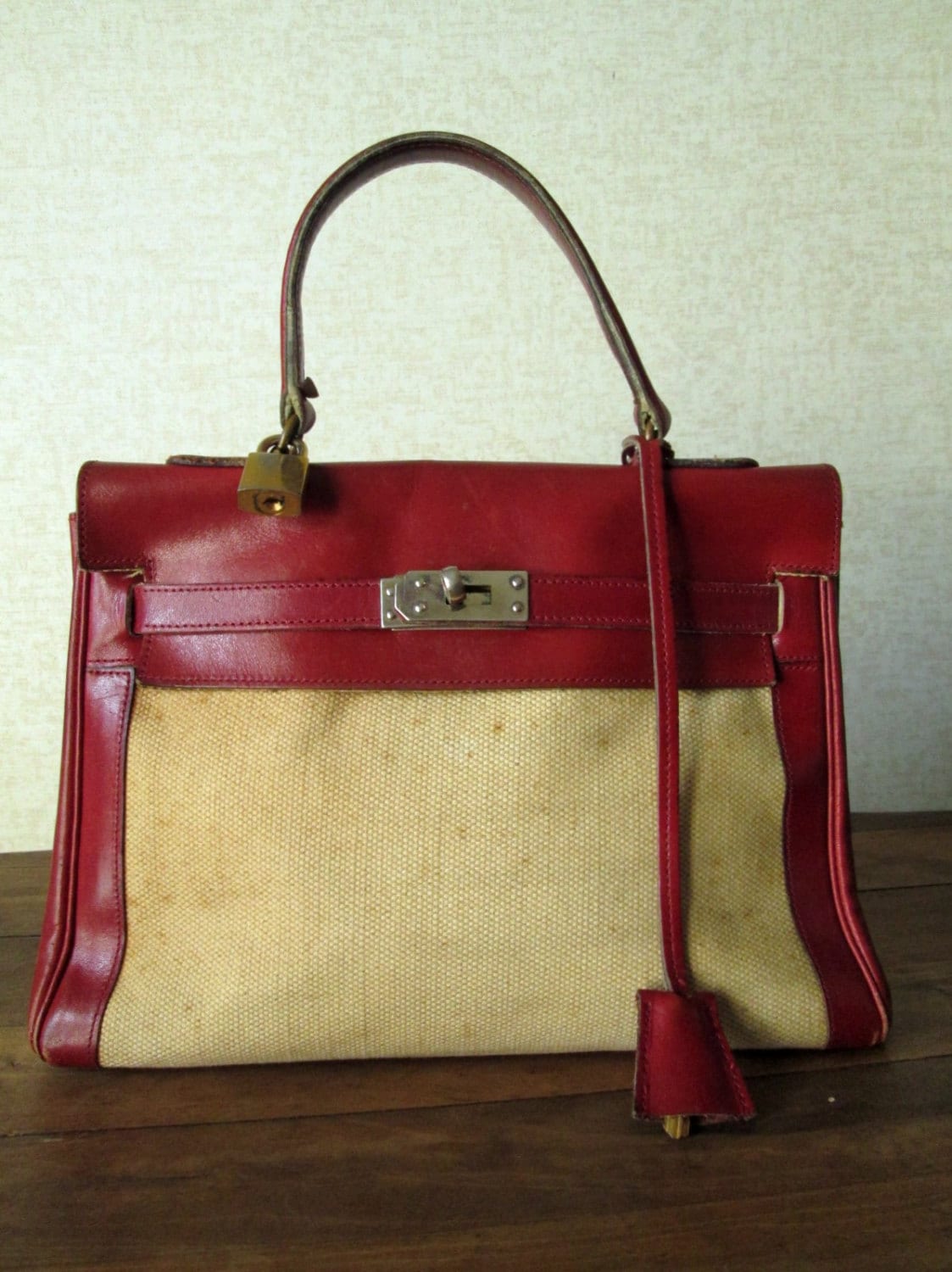 vintage kelly style handbag russet red leather and linen