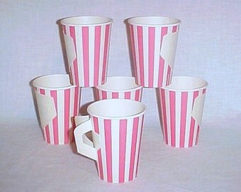 6 Vintage Paper Coffee Cups, Fold Out Handle, Pink & White Striped, Mid Century Picnic Cup, Kitschy Kitchen