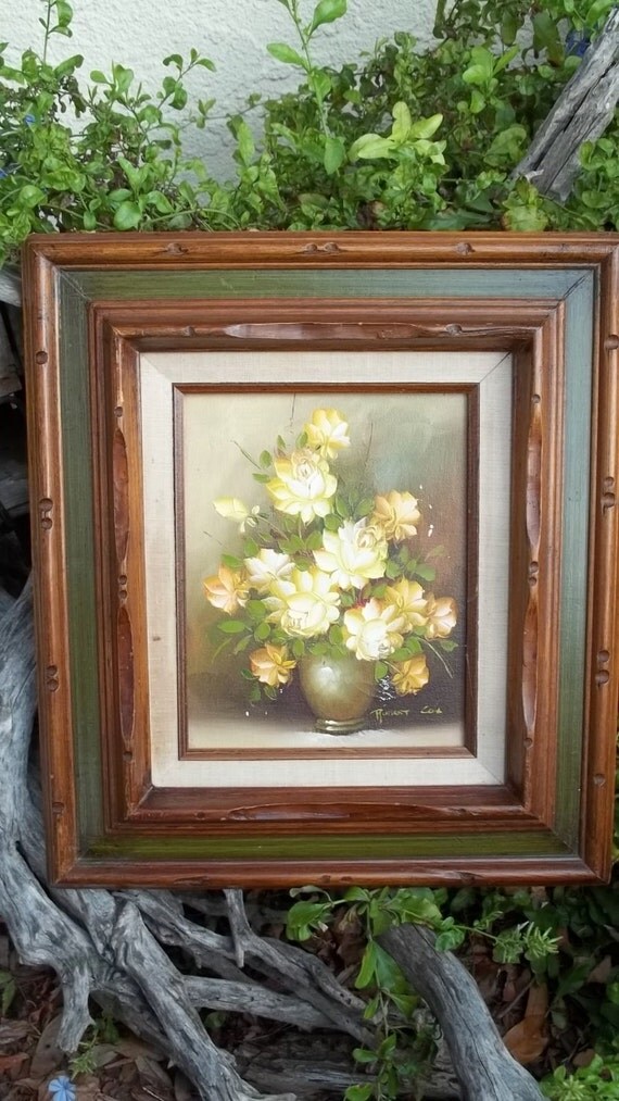 Vintage Robert Cox Original Oil Painting Yellow Roses in Vase