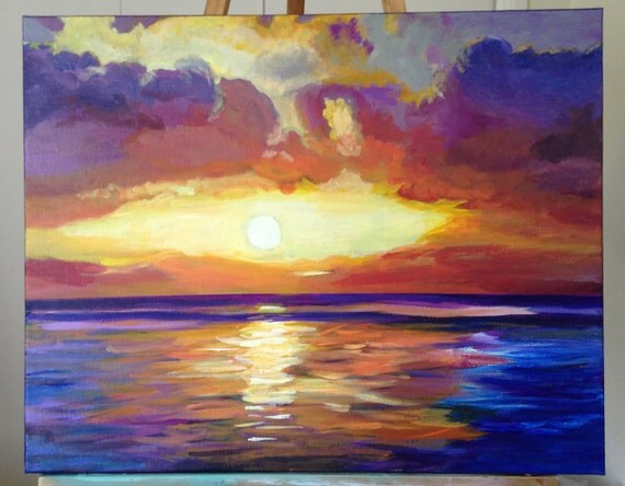 Items similar to Stunning Original Acrylic Ocean Sunset Painting in Red ...