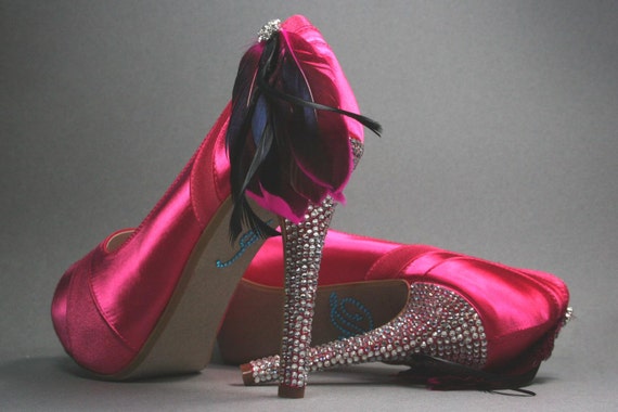Wedding Shoes -- Hot Pink Peep Toe Wedding Shoes with Rhinestone Covered Heel, Black & Pink Feather Accent and Blue "I Do"
