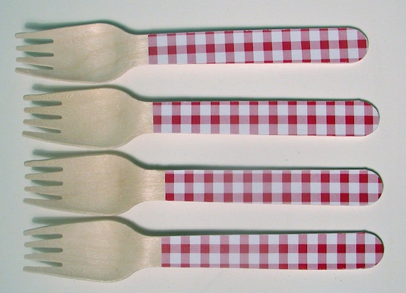 Red Gingham Wooden Forks, Spoons or Knives - Set of 20 Il_570xn