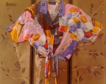 80s Cropped colourful blouse with waist tie