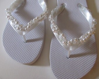 Wedding Sandals Brides flip flops White pearl sparkly beaded handsewn